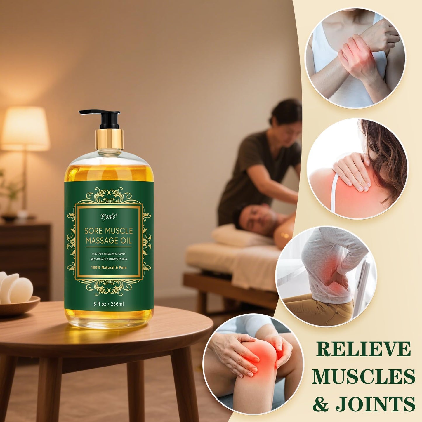 Pjordo Sore Muscle Massage Oil – 8 oz, Lavender, Arnica & Chamomile