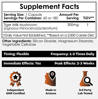 Nootropics Depot Tiger Milk Mushroom Capsules 300mg - 60 Count | Lignosus rhinocerus Sclerotium | Cognition, Histamine & Respiratory Support