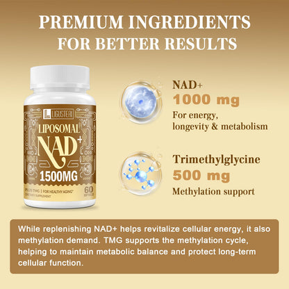 LIGUSTERI 1500 MG Liposomal NAD+ | 98%+ Absorption | NAD+ Supplement for Energy, Aging Defense, Longevity | 60 Softgels