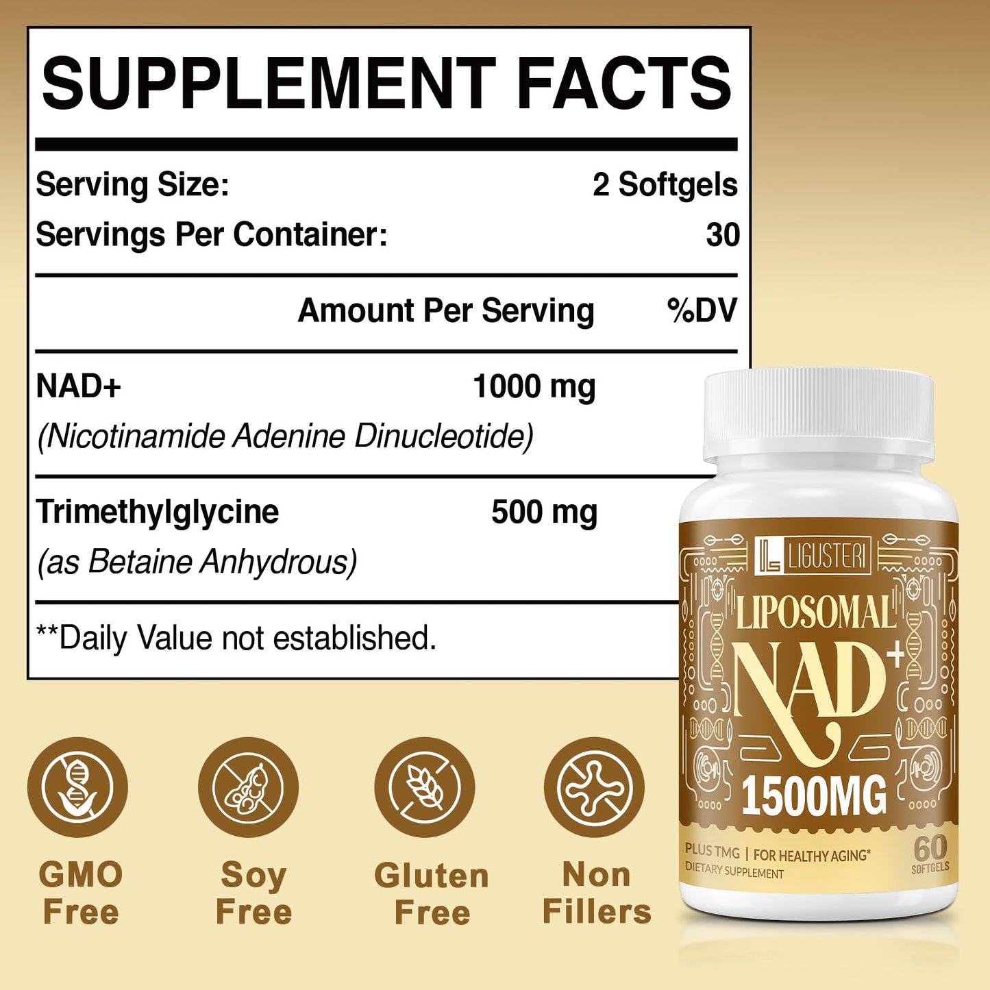 LIGUSTERI 1500 MG Liposomal NAD+ | 98%+ Absorption | NAD+ Supplement for Energy, Aging Defense, Longevity | 60 Softgels