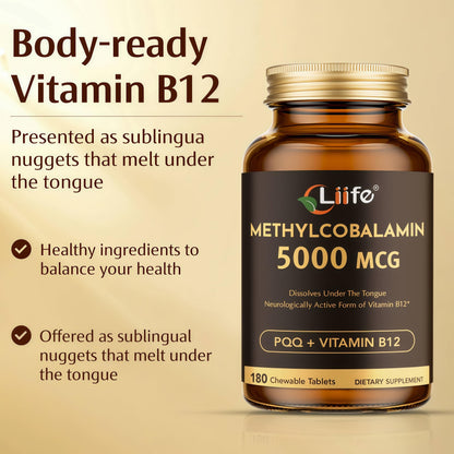LIIFE Methylcobalamin (PQQ+Vitamin B12) 5000 MCG | 180 Chewable Tablets | Energy & Brain Health - Gluten Free