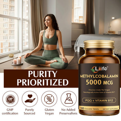 LIIFE Methylcobalamin (PQQ+Vitamin B12) 5000 MCG | 180 Chewable Tablets | Energy & Brain Health - Gluten Free