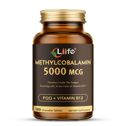 LIIFE Methylcobalamin (PQQ+Vitamin B12) 5000 MCG | 180 Chewable Tablets | Energy & Brain Health - Gluten Free
