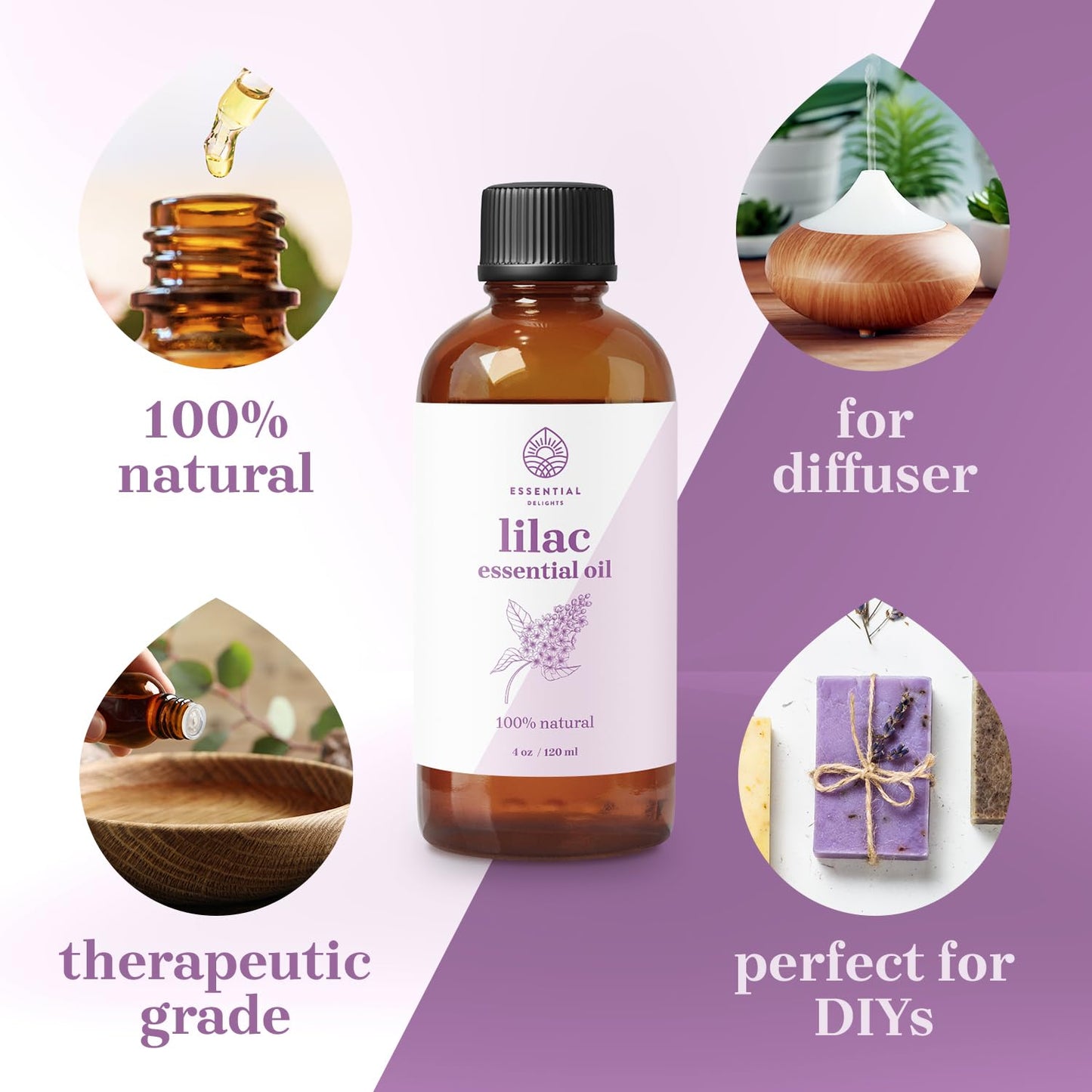 Lilac Essential Oil by Essential Delights - Premium Grade Oil (4 oz.) | for Aromatherapy, Soaps, Lotions, & Candles | Vegan & Cruelty Free
