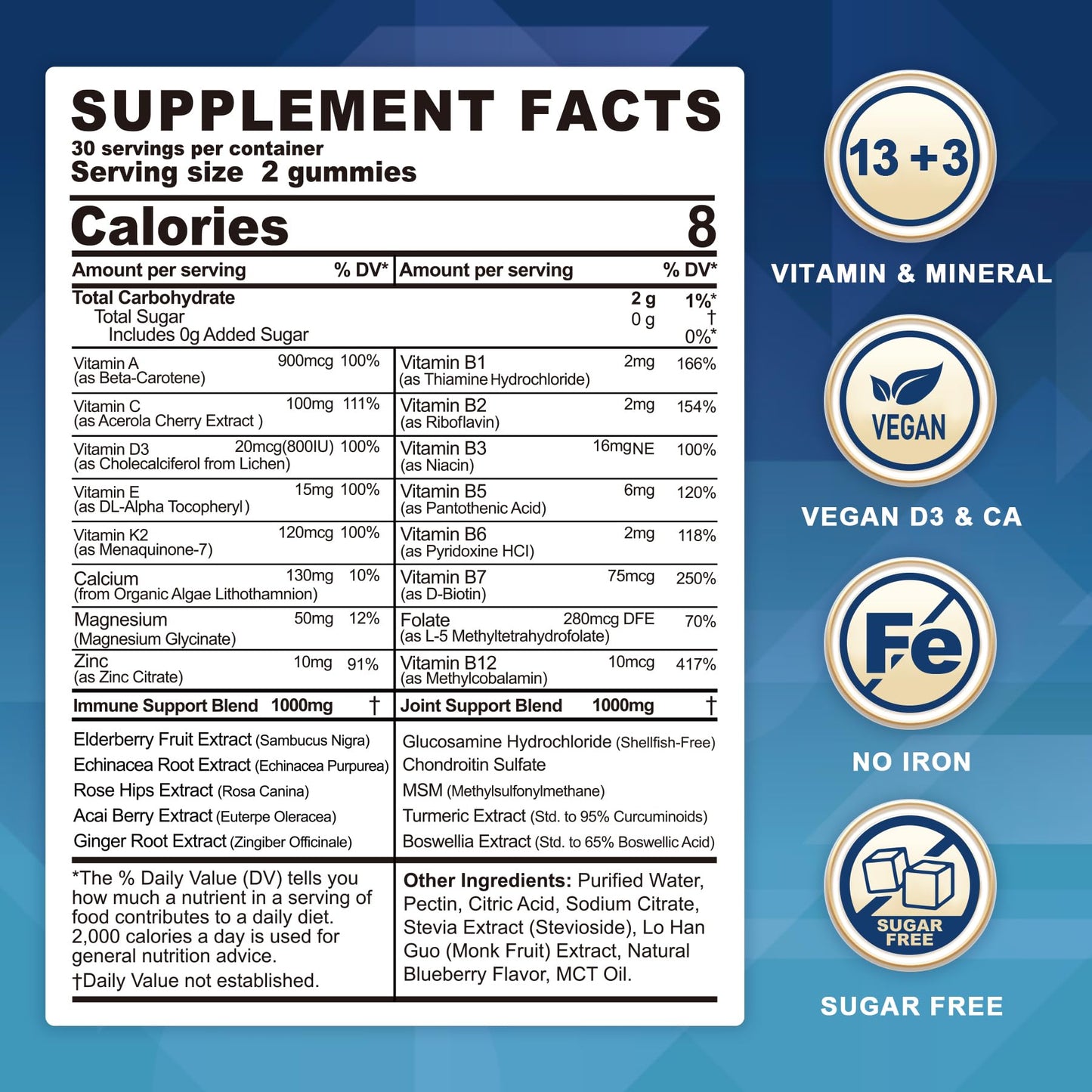 LILICARE Sugar Free Methylated Multivitamin 50+ Gummies with Glucosamine Chondroitin MSM