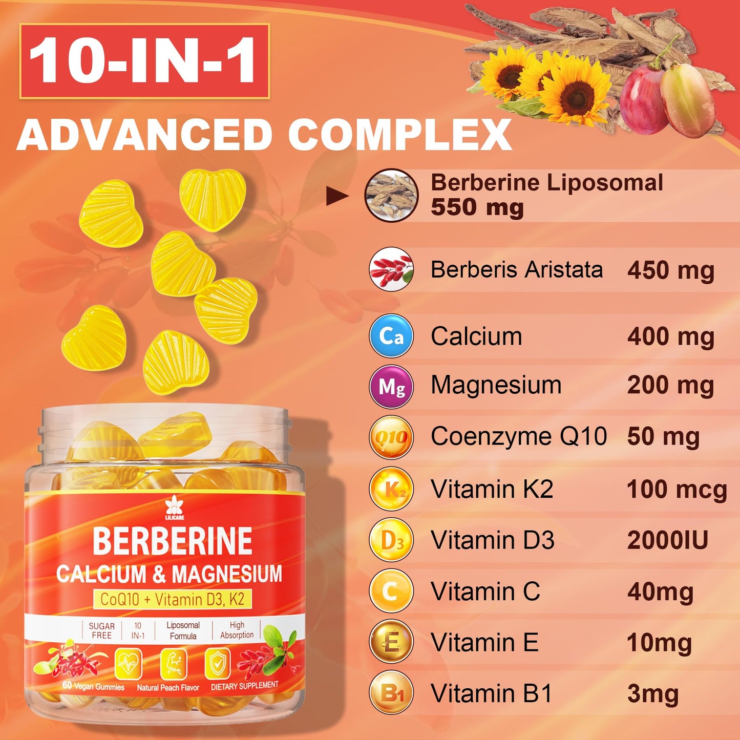 LILICARE Berberine Gummies – Sugar Free with Liposomal Berberine, Magnesium, Calcium, AMPK Activator – Pack of 2
