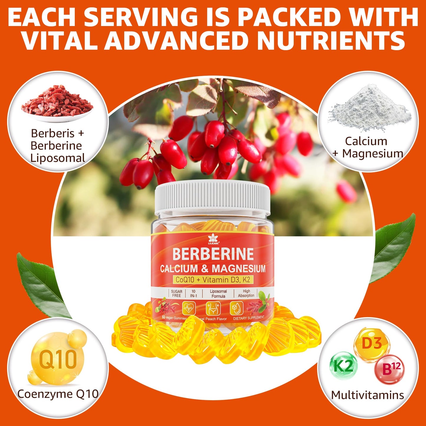 LILICARE Berberine Gummies – Sugar Free with Liposomal Berberine, Magnesium, Calcium, AMPK Activator – Pack of 2
