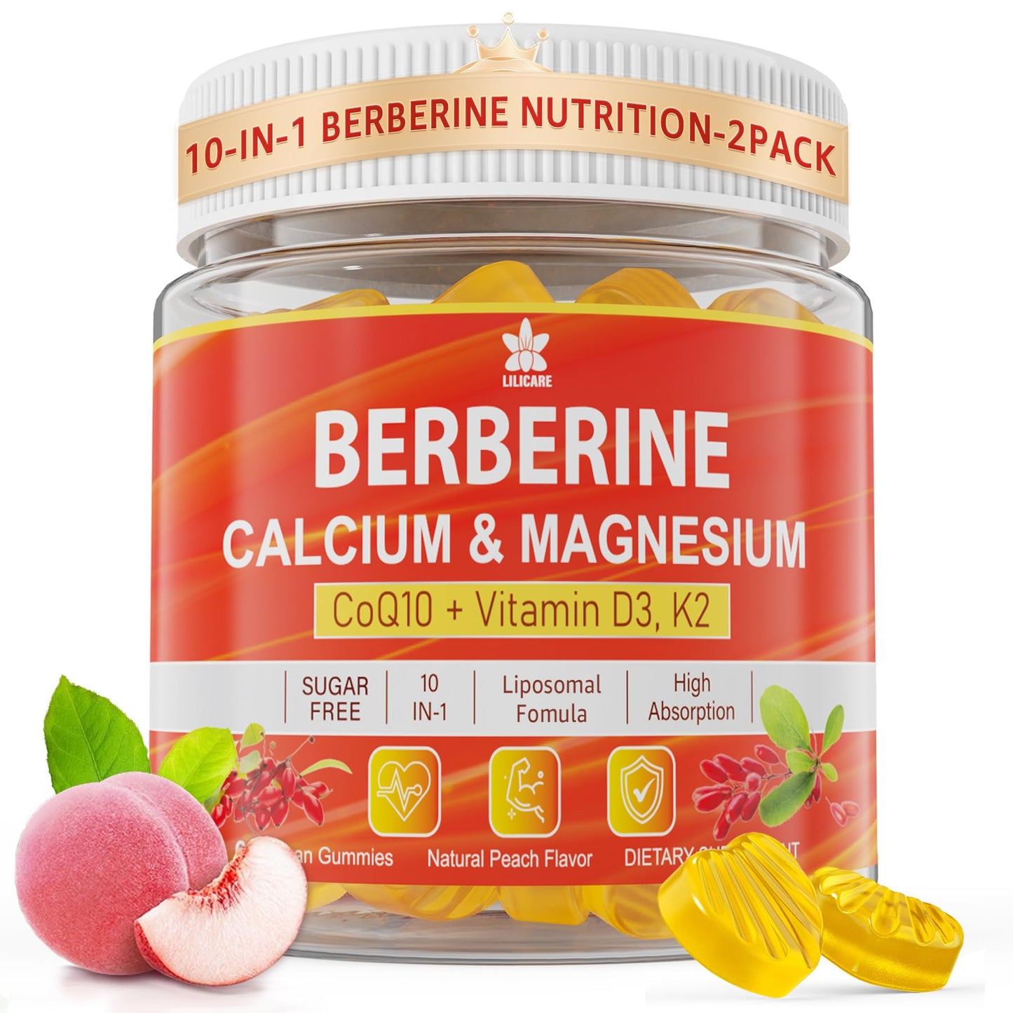 LILICARE Berberine Gummies – Sugar Free with Liposomal Berberine, Magnesium, Calcium, AMPK Activator – Pack of 2