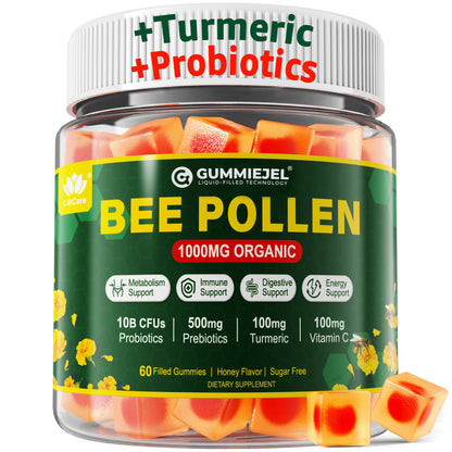LILICARE Digestive Health & Weight Bee Pollen Organic 1000mg, w/Probiotics, Prebiotics & Turmeric, Bee Pollen Gummies Rich in B-Vitamin, Antioxidants, Amino Acids, for Digestive, Weight & Energy