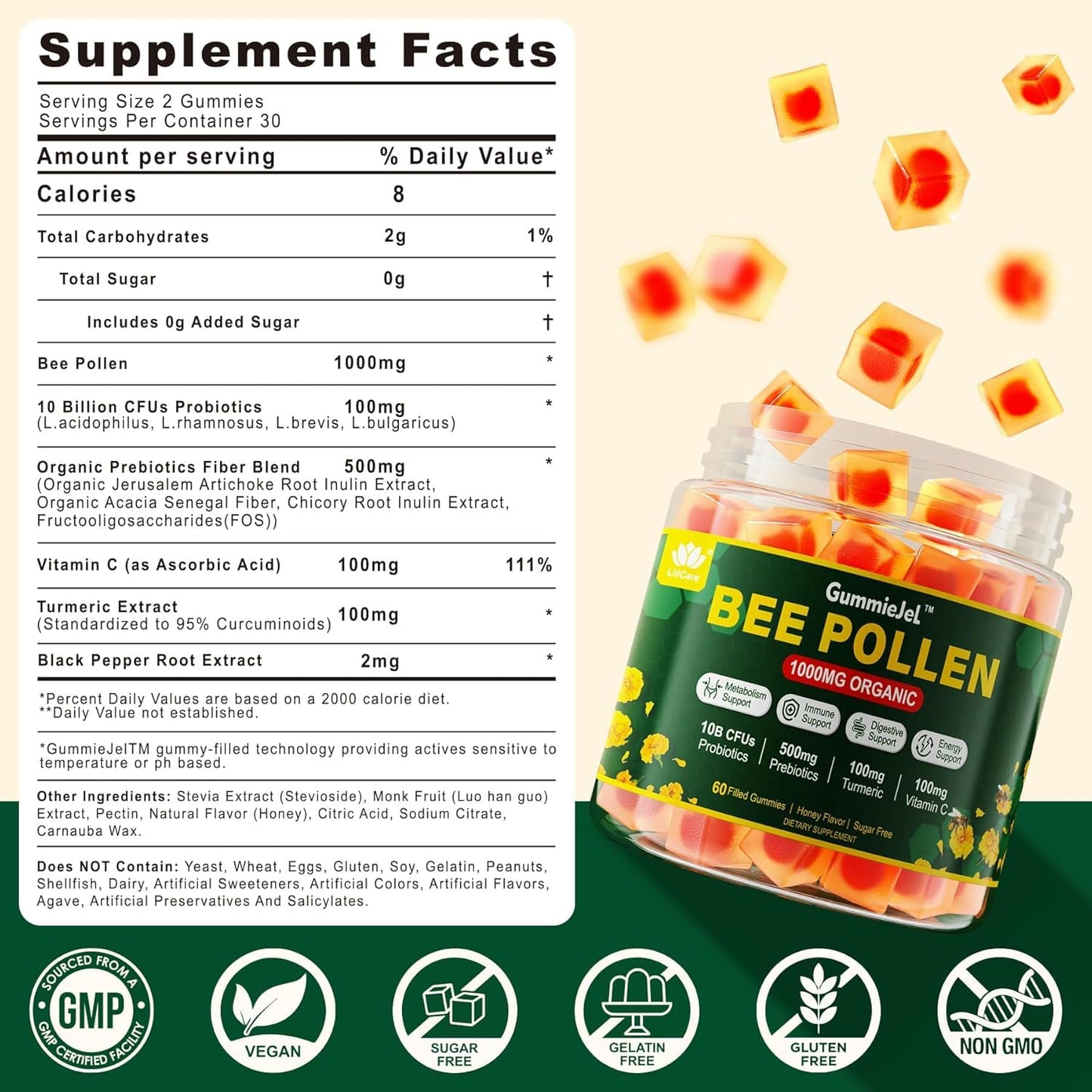 LILICARE Digestive Health & Weight Bee Pollen Organic 1000mg, w/Probiotics, Prebiotics & Turmeric, Bee Pollen Gummies Rich in B-Vitamin, Antioxidants, Amino Acids, for Digestive, Weight & Energy