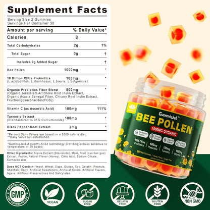 LILICARE Digestive Health & Weight Bee Pollen Organic 1000mg, w/Probiotics, Prebiotics & Turmeric, Bee Pollen Gummies Rich in B-Vitamin, Antioxidants, Amino Acids, for Digestive, Weight & Energy