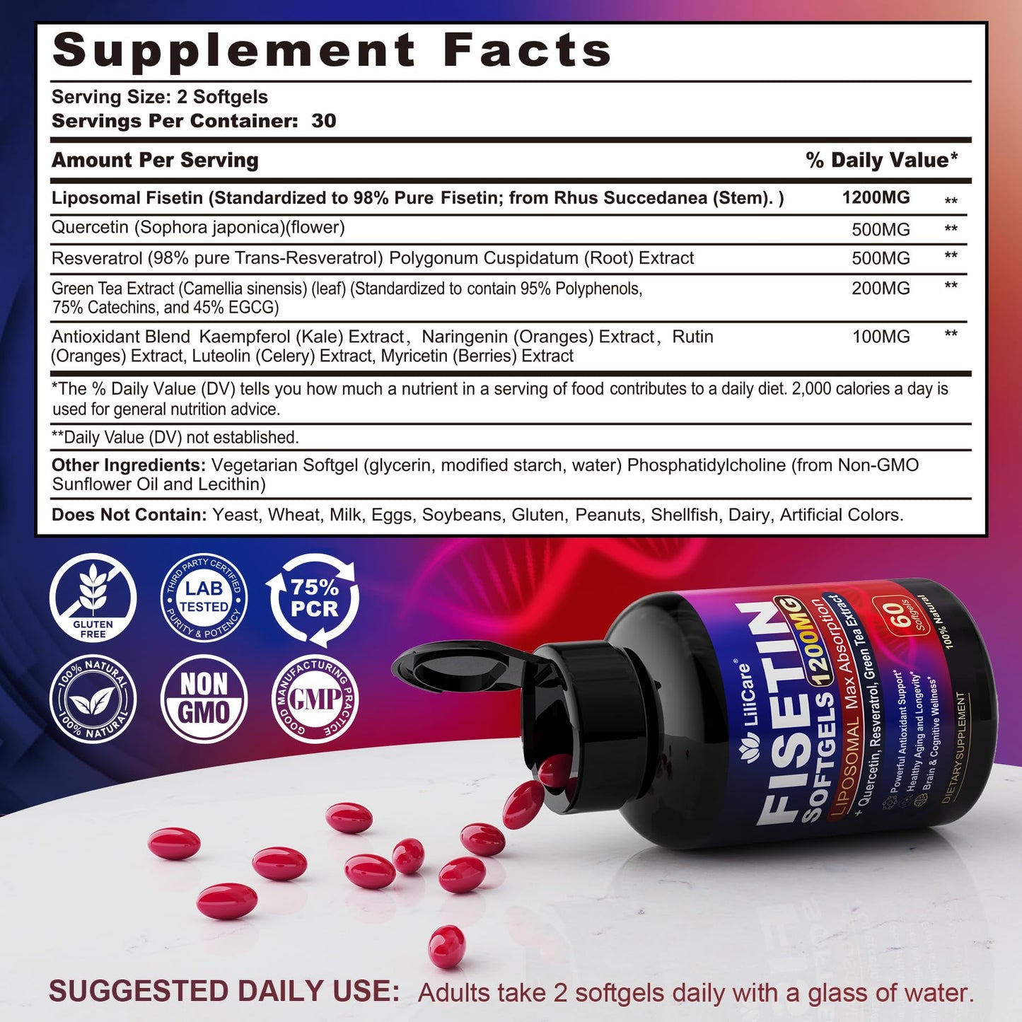 LILICARE Fisetin Supplement - Liposomal Super Absorption 98% Pure 1200mg with Quercetin, Resveratrol, Green Tea Extract for Healthy Aging & Longevity, Skin Health, Brain & Antioxidant - 60 Softgels