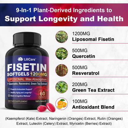 LILICARE Fisetin Supplement - Liposomal Super Absorption 98% Pure 1200mg with Quercetin, Resveratrol, Green Tea Extract for Healthy Aging & Longevity, Skin Health, Brain & Antioxidant - 60 Softgels