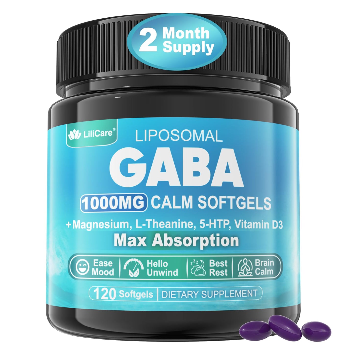 LILICARE GABA 1000mg Liposomal Calm Supplement – 120 Softgels