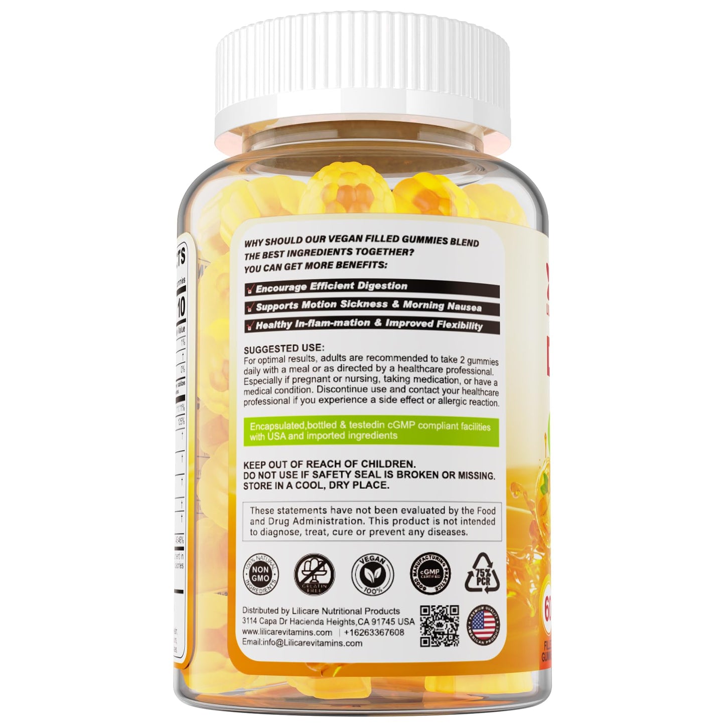LILICARE Ginger Chews Gummies - Nausea & Digestive Support (60-count, Sugar Free)