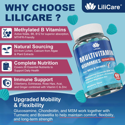 LILICARE Sugar Free Methylated Multivitamin 50+ Gummies with Glucosamine Chondroitin MSM