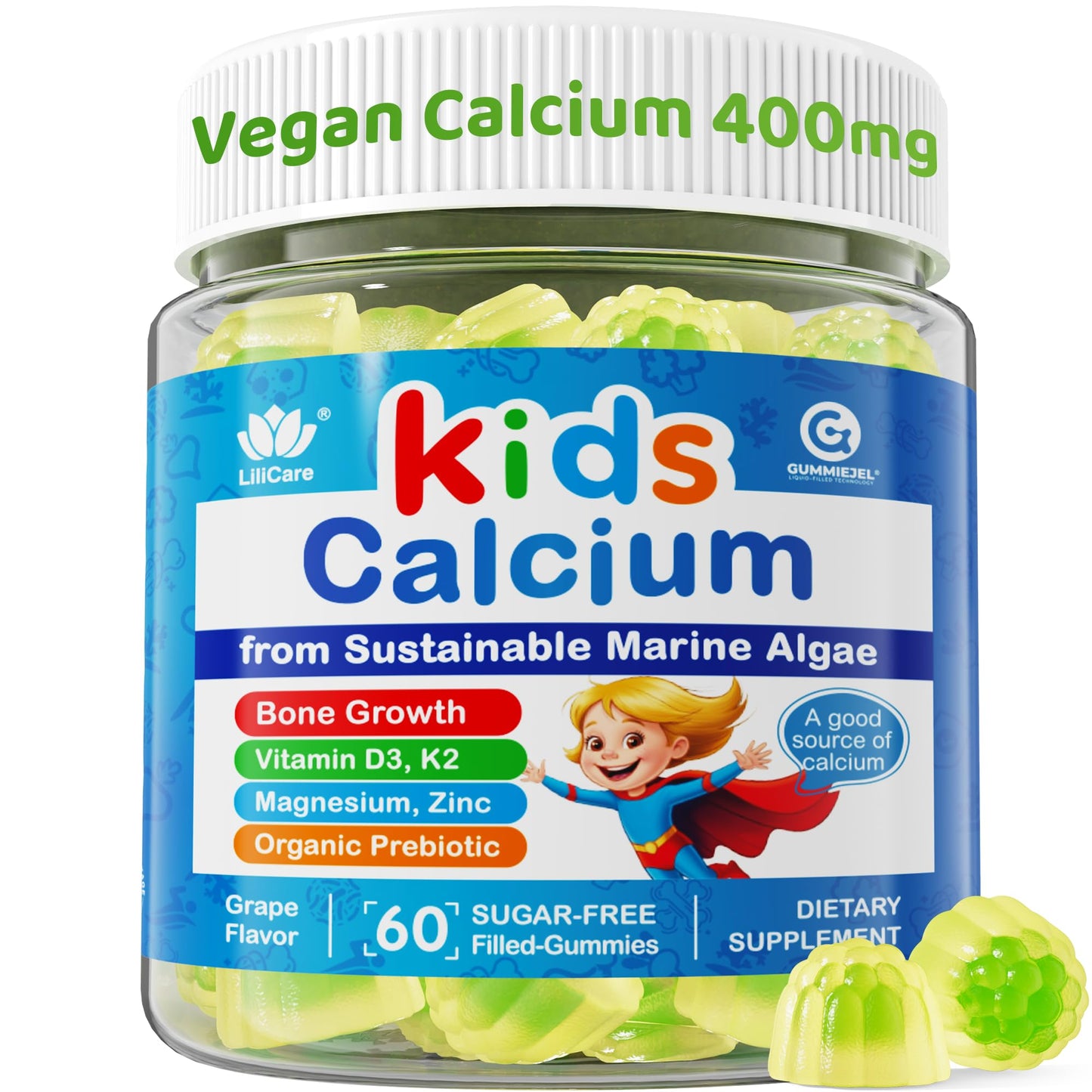 Lilicare Kids Calcium Gummies with Vitamin D3 K2, Magnesium & Zinc | Sugar-Free Algae Calcium | 60 Chewables