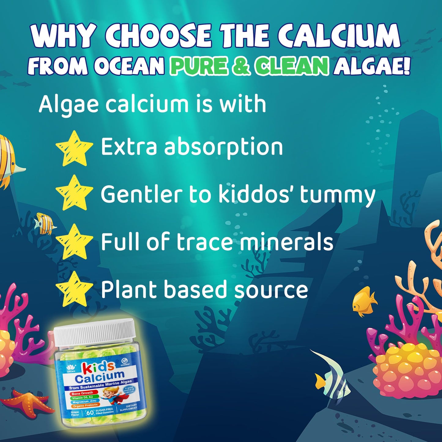 Lilicare Kids Calcium Gummies with Vitamin D3 K2, Magnesium & Zinc | Sugar-Free Algae Calcium | 60 Chewables