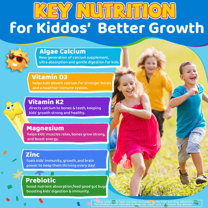 Lilicare Kids Calcium Gummies with Vitamin D3 K2, Magnesium & Zinc | Sugar-Free Algae Calcium | 60 Chewables
