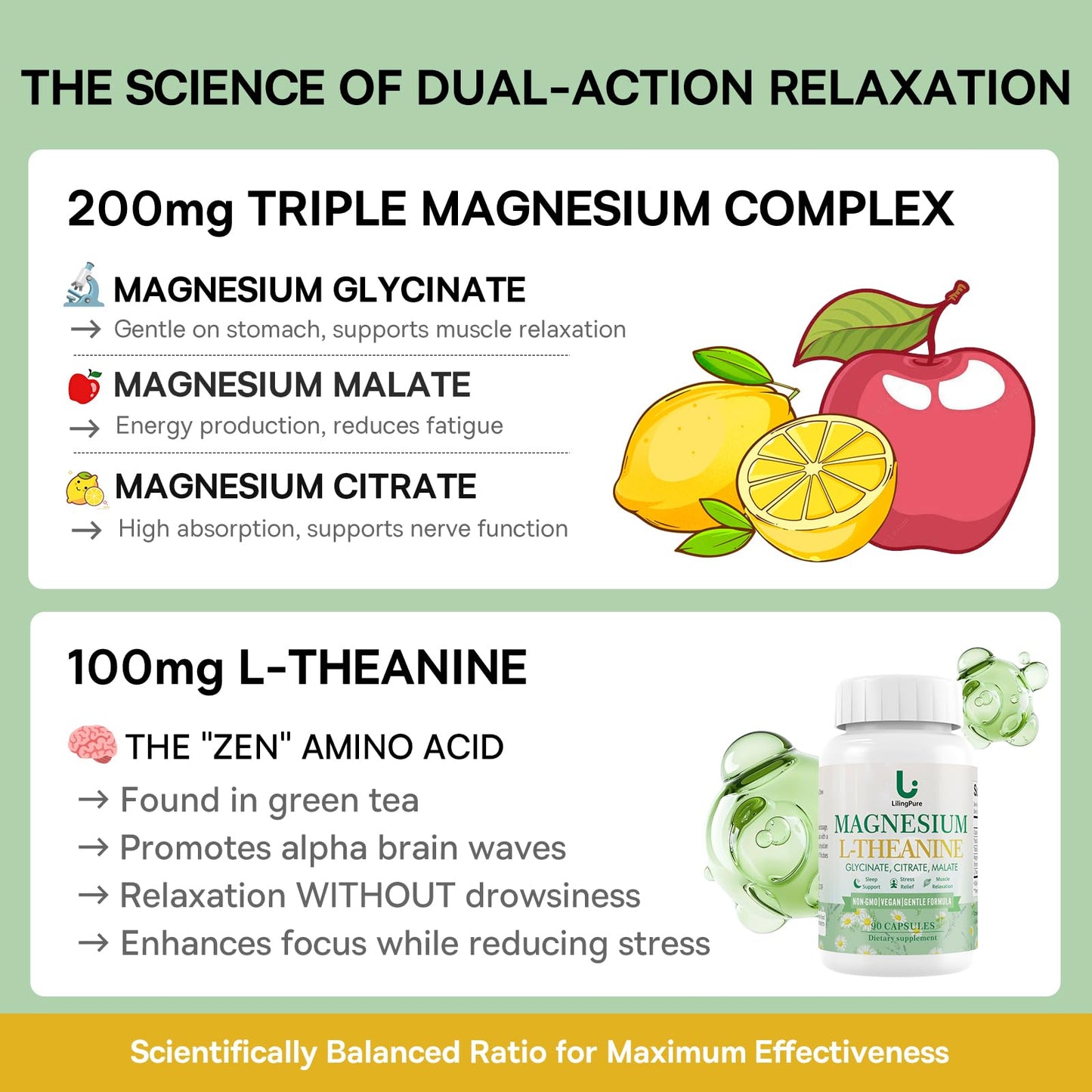 LilingPure Triple Magnesium Complex with L-Theanine – 200mg Mg + 100mg L-Theanine | 90 Capsules
