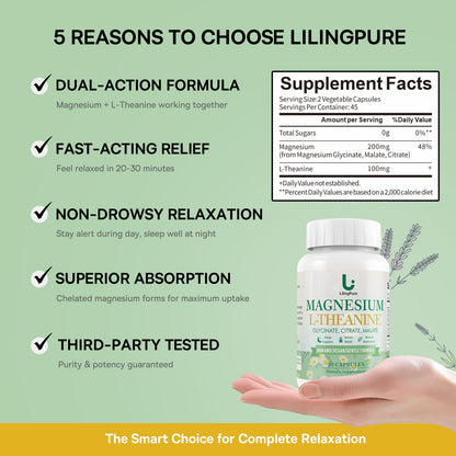 LilingPure Triple Magnesium Complex with L-Theanine – 200mg Mg + 100mg L-Theanine | 90 Capsules