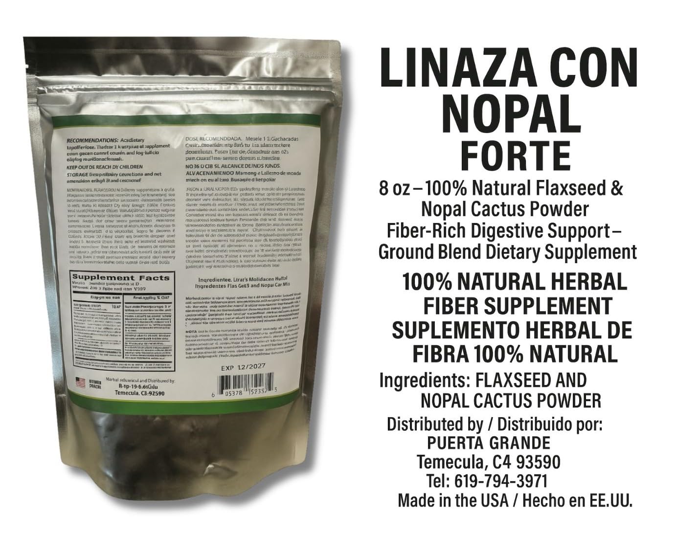 Linaza with Nopal Forte – 8 oz – 100% Natural Flaxseed & Nopal Cactus Powder – Fiber-Rich Digestive Support – Ground Blend Dietary Supplement – Vegan & Non-GMO