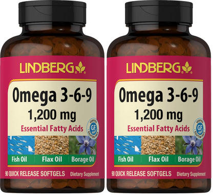 Lindberg Omega 3-6-9 Supplements 1200mg | 90 Softgels | Non-GMO Gluten Free | Pack of 2