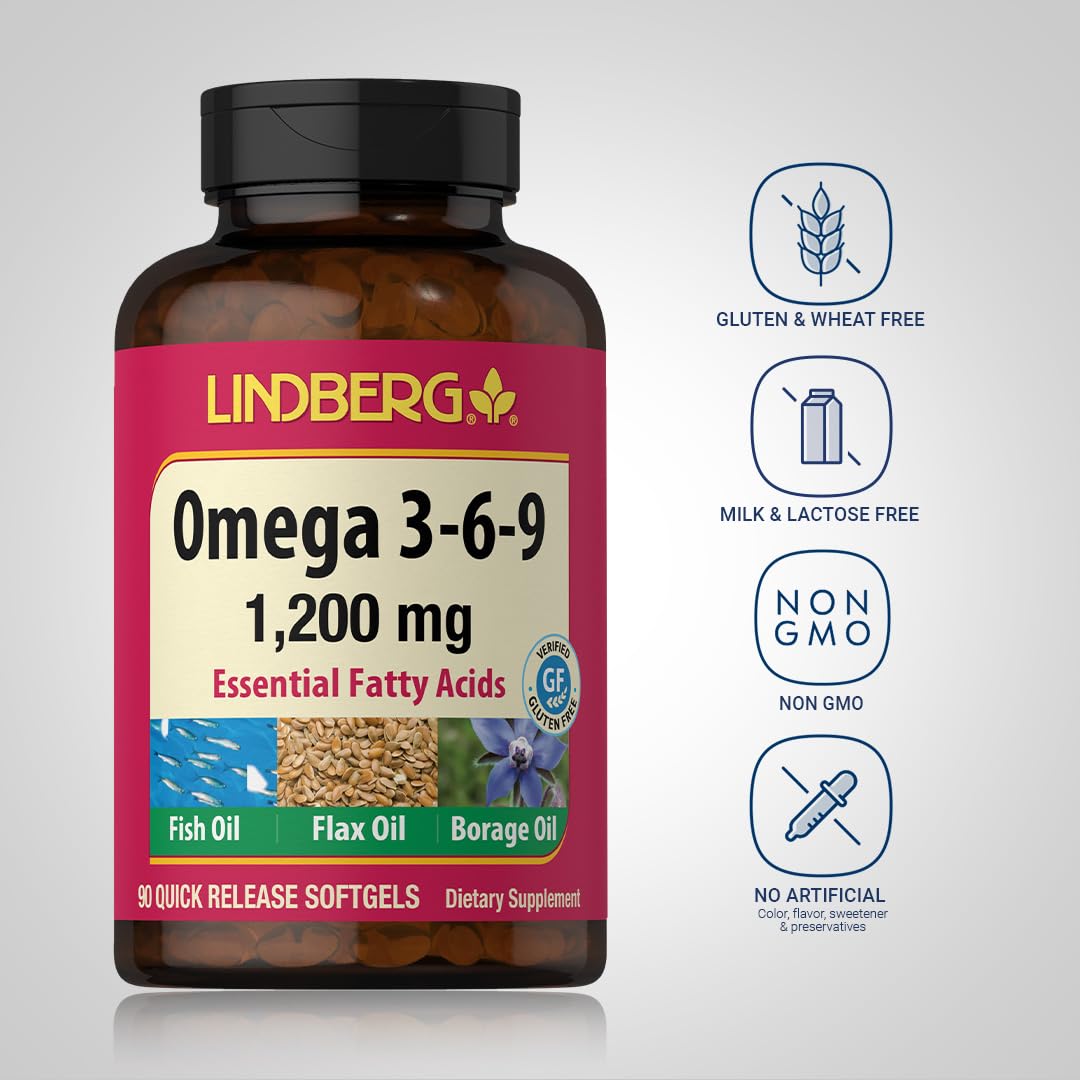 Lindberg Omega 3-6-9 Supplements 1200mg | 90 Softgels | Non-GMO Gluten Free | Pack of 2