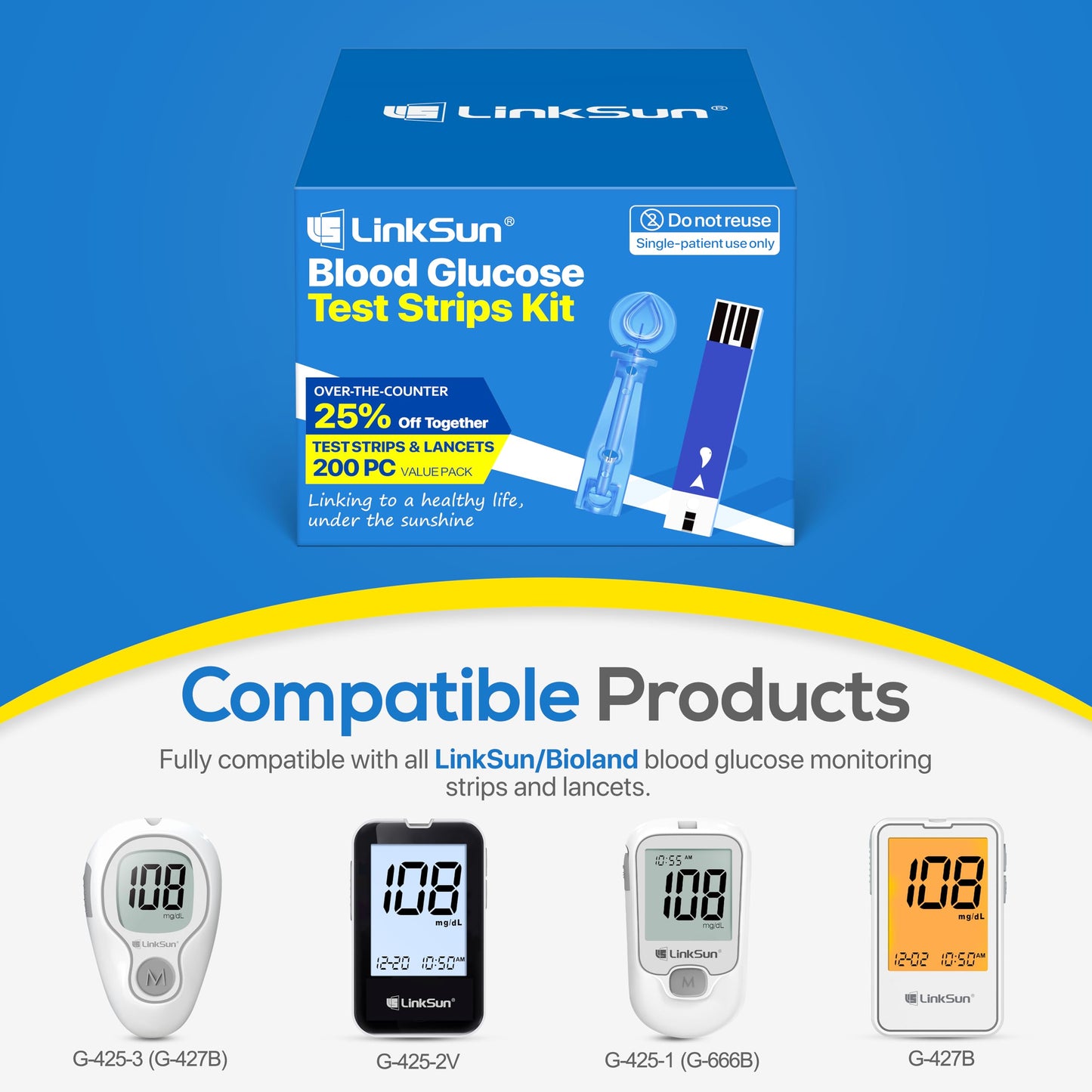 LinkSun 100 Test Strips + 100 Lancets Kit for G-425/G-427B Glucose Meters