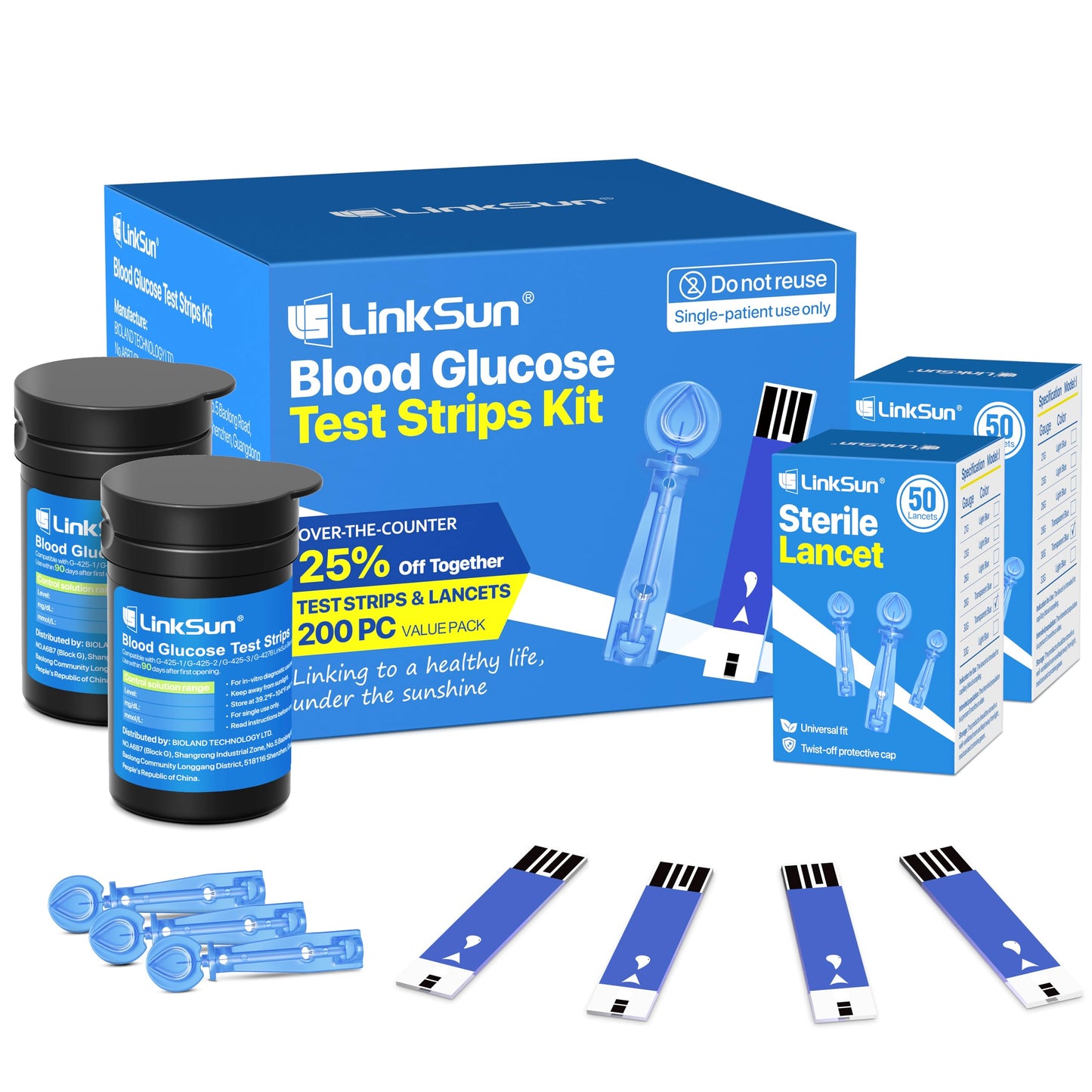 LinkSun 100 Test Strips + 100 Lancets Kit for G-425/G-427B Glucose Meters