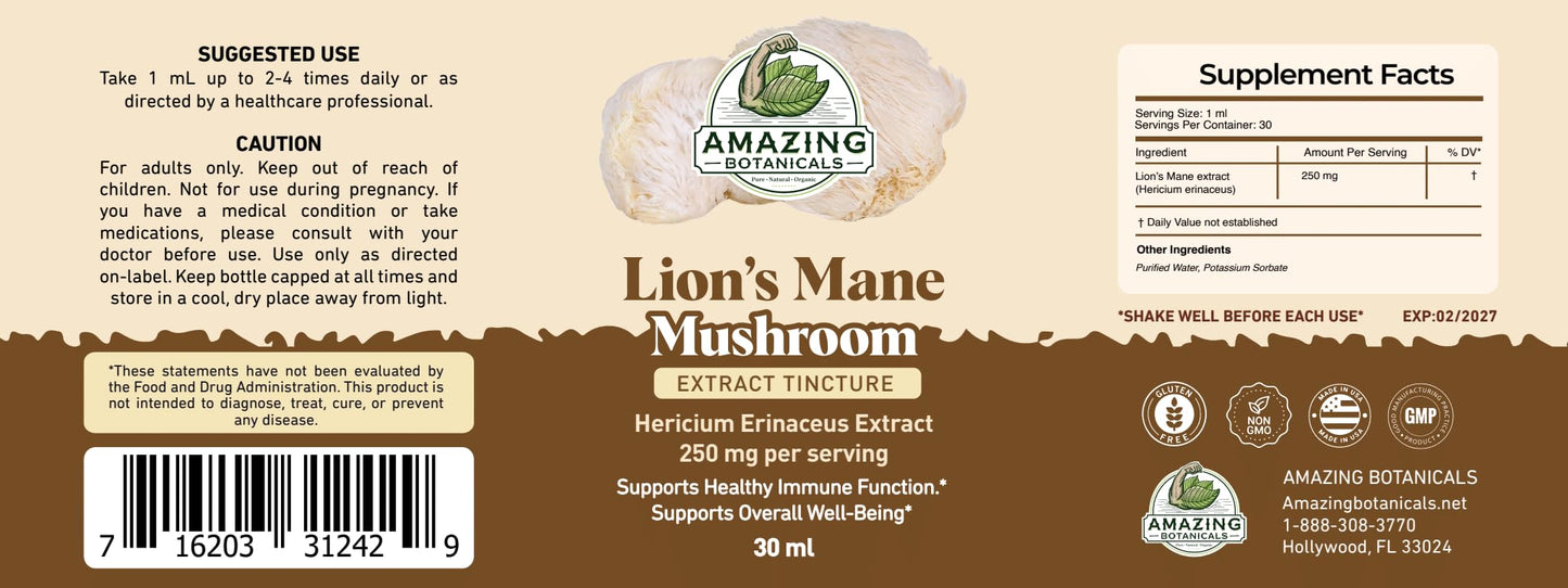 Lion’s Mane Extract Tincture 250mg – Dual-Extracted Nootropic, 1oz