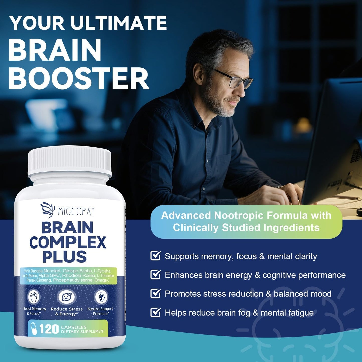 Brain Supplements for Memory & Focus – Nootropic with Bacopa Monnieri, Lion's Mane, Alpha GPC & Ginkgo (120 Caps)