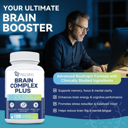 Brain Supplements for Memory & Focus – Nootropic with Bacopa Monnieri, Lion's Mane, Alpha GPC & Ginkgo (120 Caps)