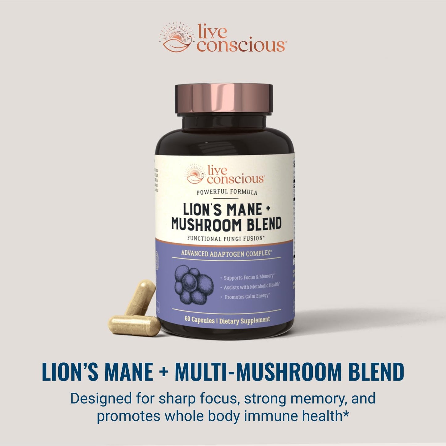 Live Conscious Lions Mane Mushroom Supplement Capsules for Brain Support - Lion's Mane, Cordyceps, Reishi & Turkey Tail