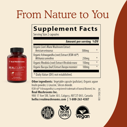 Real Mushrooms RealClarity Capsules – Lion’s Mane, KSM-66 Ashwagandha, Cordyceps & Reishi | Mental Sharpness & Adaptogenic Support | 60 Count – Vegan, Non-GMO