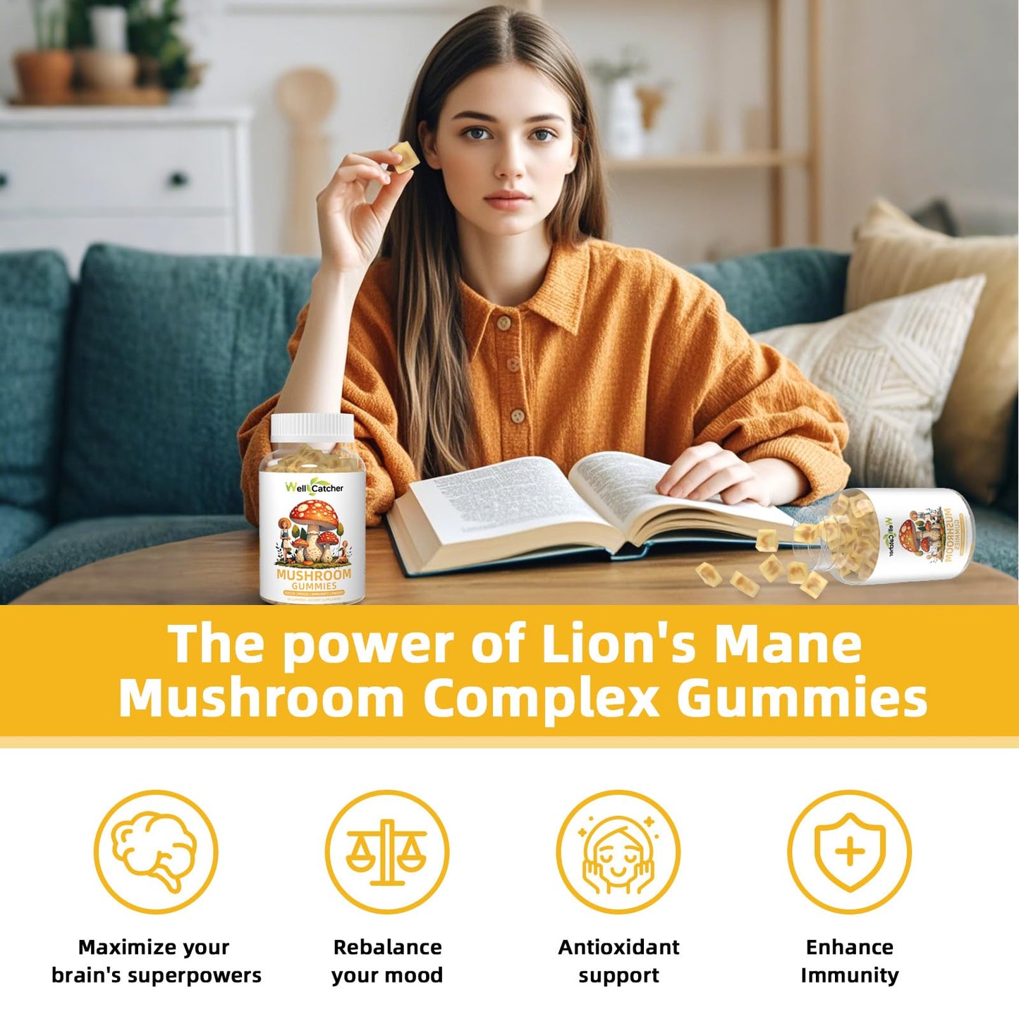 Lion's Mane Mushroom Gummies – Focus, Mood & Energy (60 ct) – Sugar Free, Vegan