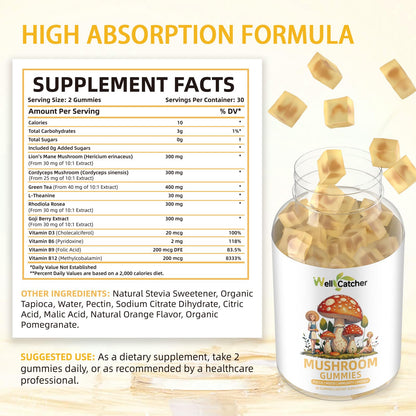 Lion's Mane Mushroom Gummies – Focus, Mood & Energy (60 ct) – Sugar Free, Vegan
