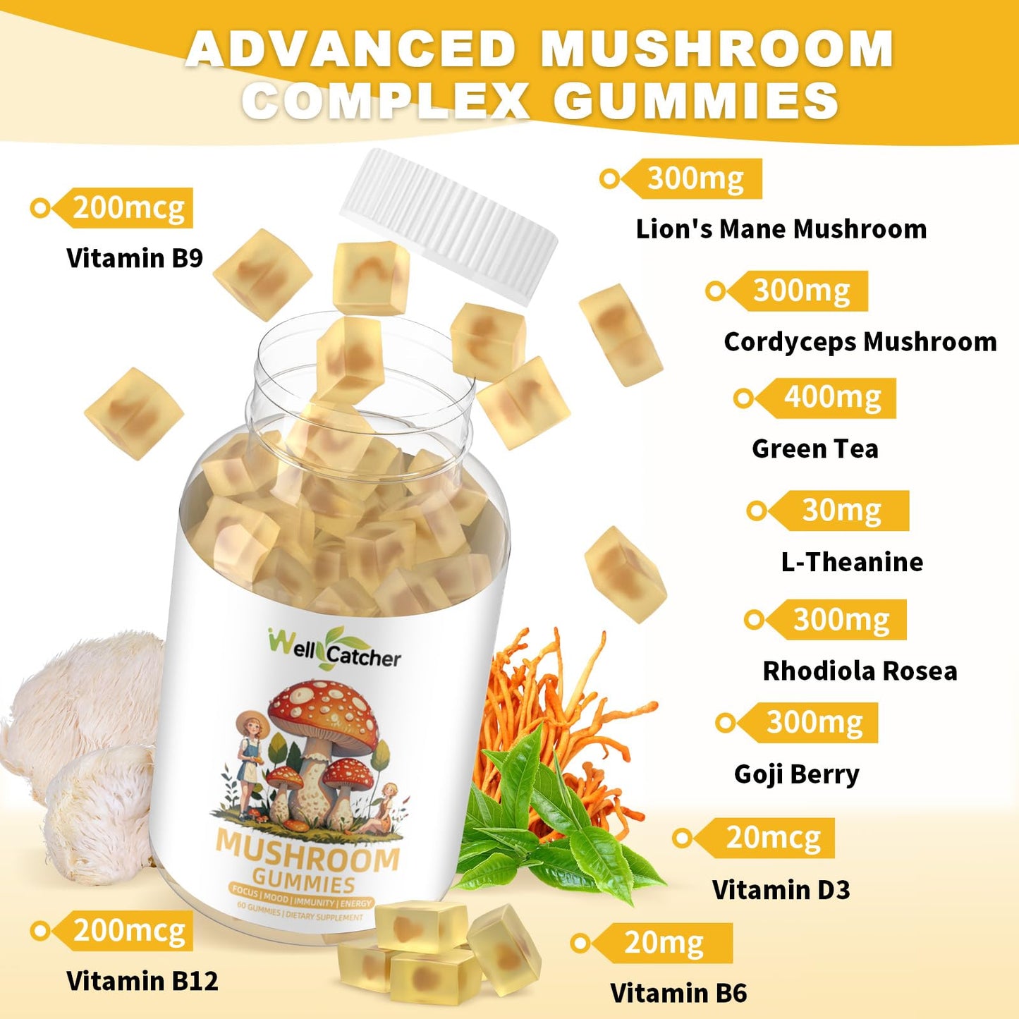 Lion's Mane Mushroom Gummies – Focus, Mood & Energy (60 ct) – Sugar Free, Vegan