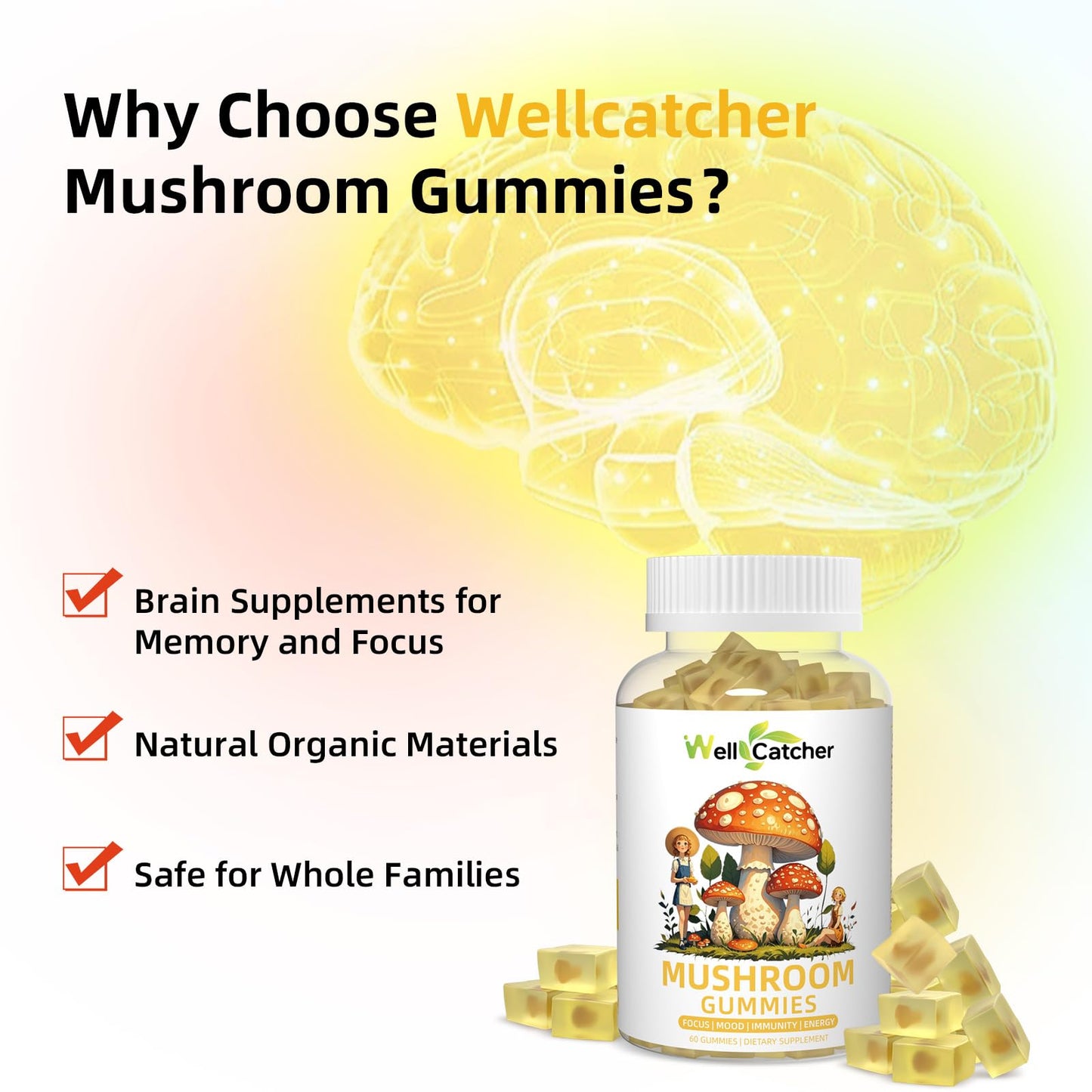 Lion's Mane Mushroom Gummies – Focus, Mood & Energy (60 ct) – Sugar Free, Vegan