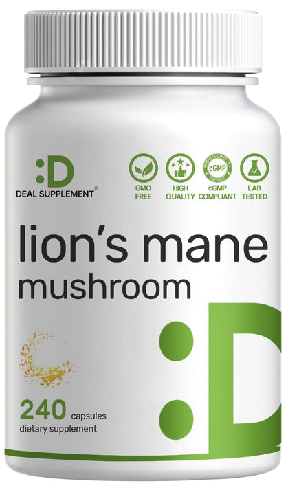 Lion's Mane Mushroom Supplement – 240 Capsules – Active Fruiting Body & Mycelium Extract – Non-GMO