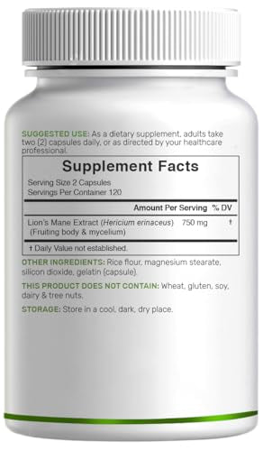 Lion's Mane Mushroom Supplement – 240 Capsules – Active Fruiting Body & Mycelium Extract – Non-GMO