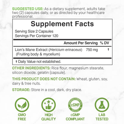 Lion's Mane Mushroom Supplement – 240 Capsules – Active Fruiting Body & Mycelium Extract – Non-GMO