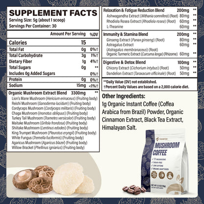 Mushroom Coffee – 11 Superfood Mushrooms with Lion’s Mane, Reishi, Chaga & Ashwagandha | Organic Instant Coffee, Low Caffeine & Sugar Free (5.3oz)