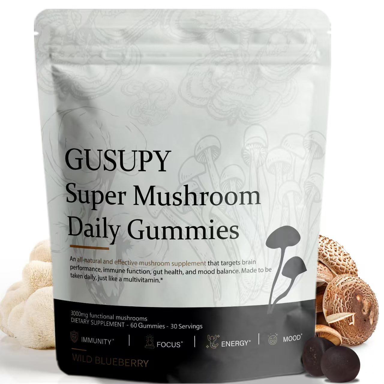 Lions Mane Mushroom Gummies - 12-Mushroom Brain Support, Blueberry, 60 Gummies