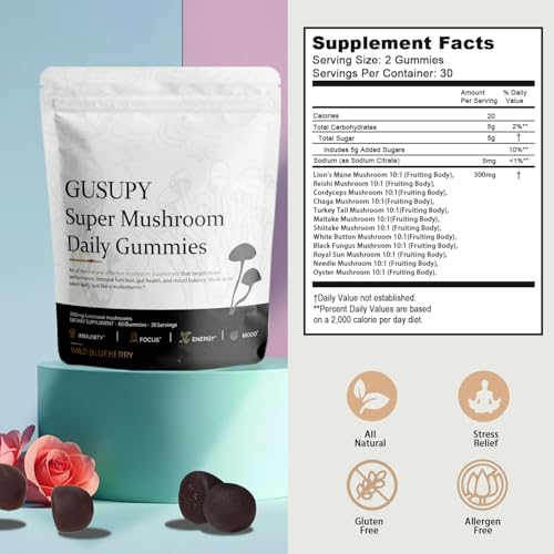 Lions Mane Mushroom Gummies - 12-Mushroom Brain Support, Blueberry, 60 Gummies