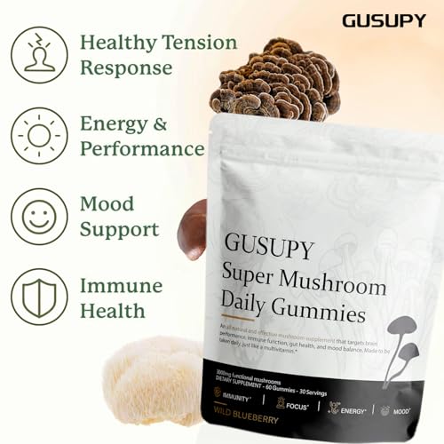 Lions Mane Mushroom Gummies - 12-Mushroom Brain Support, Blueberry, 60 Gummies