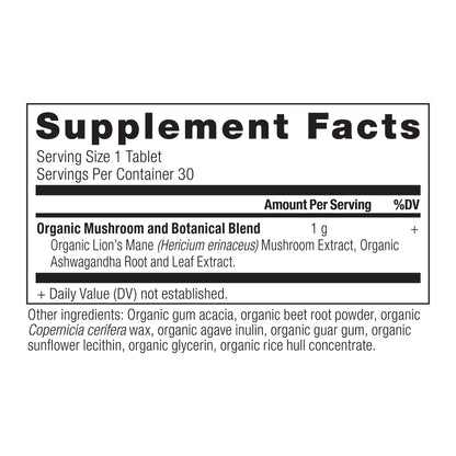 Organic Lion's Mane Mushroom Supplement with Ashwagandha - Ancient Nutrition, 30 Tablets