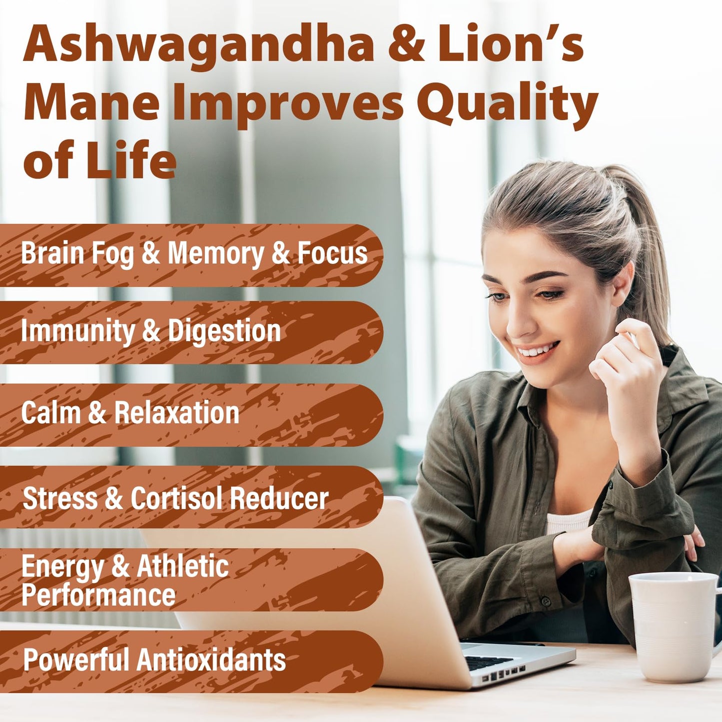Ashwagandha & Lions Mane Capsules for Memory, Focus – 90 Caps