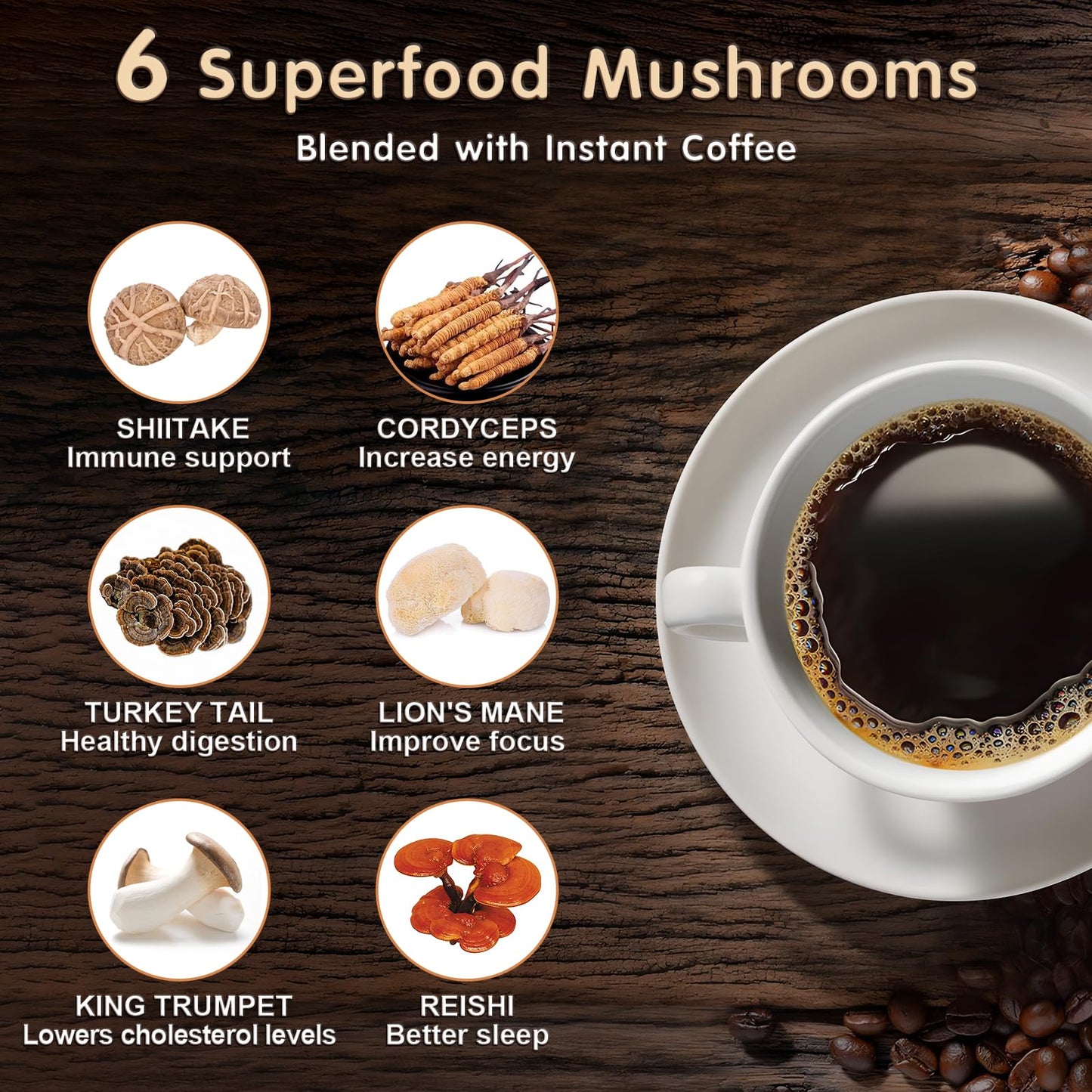 Mushroom Coffee with 6 Adaptogenic Mushrooms – Lion's Mane & Cordyceps