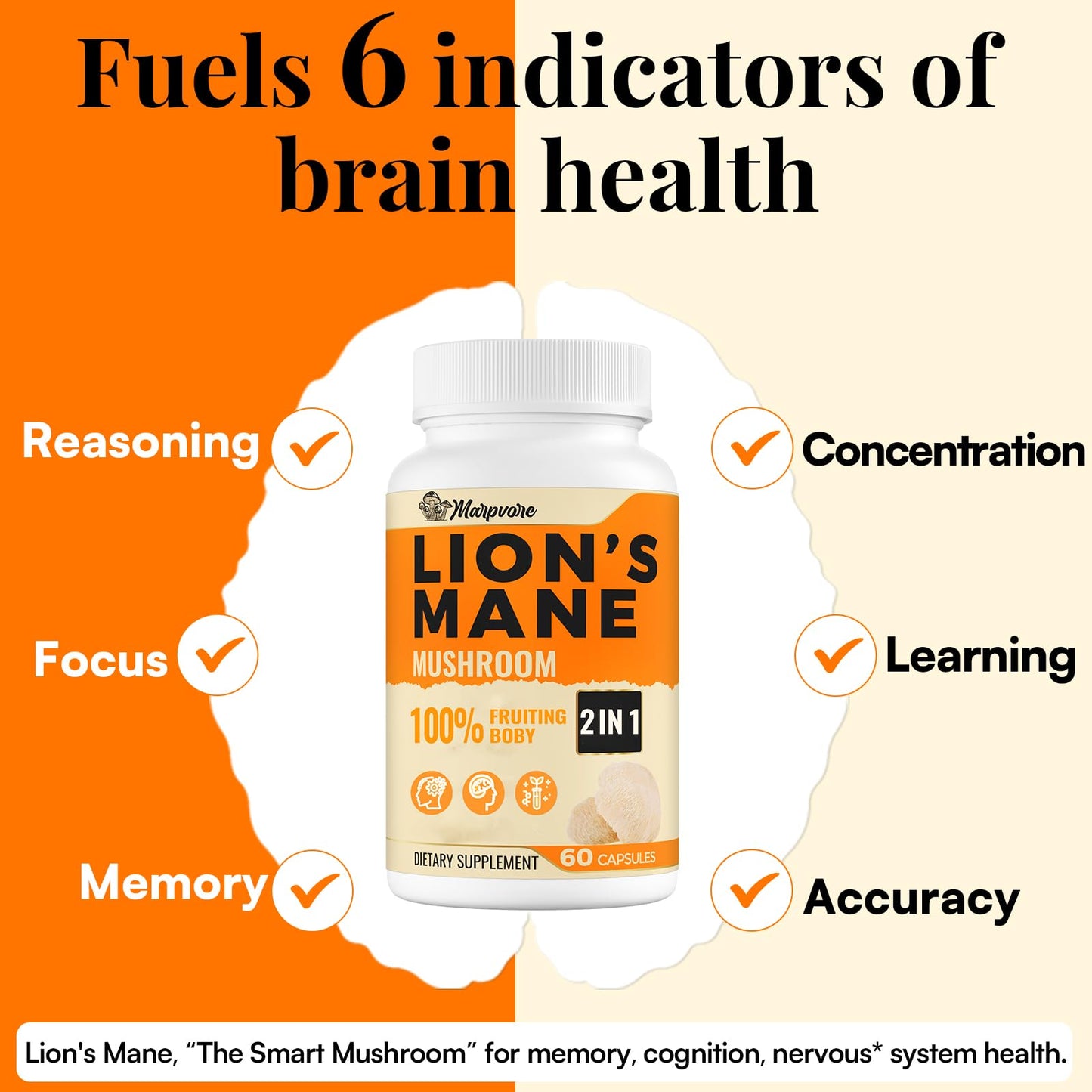 50X Strength Lions Mane 1400mg | Memory & Focus Brain Supplement - 60 Capsules
